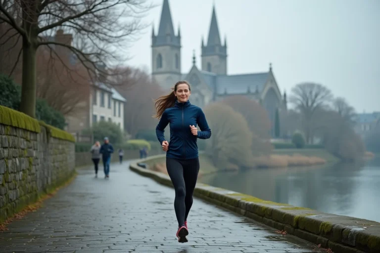 Femme qui fait du jogging le long des bords de l'Odet à Quimper avec la cathédrale Saint-Corentin en arrière-plan
