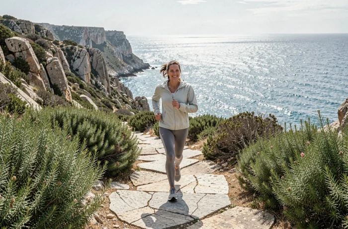 Femme faisant du jogging sur un sentier côtier rocheux avec vue sur la mer Méditerranée, Côte d'Azur