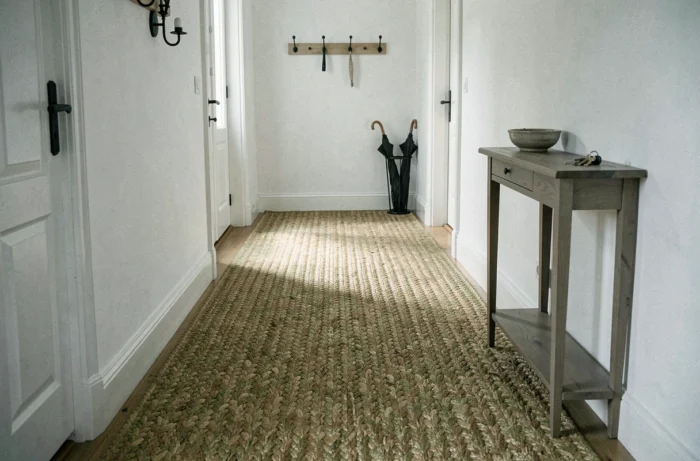 Entrée d'appartement avec sol en jonc de mer tissé couvrant toute la surface, console étroite et patère murale dans un couloir blanc