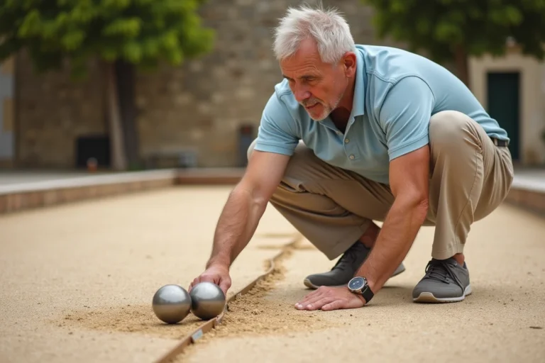 Joueur de pétanque mesurant la distance entre les boules et le cochonnet sur un terrain de pétanque en gravier