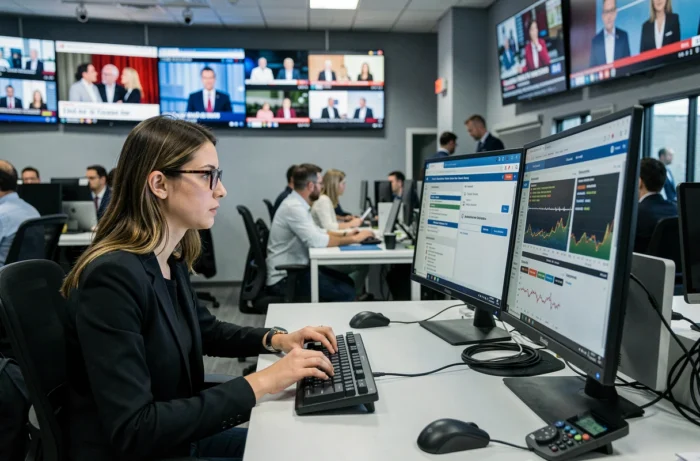 Journaliste travaillant dans une salle de rédaction moderne avec des écrans affichant des actualités numériques en temps réel