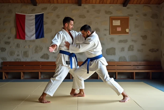 Pratiquant de judo en kimono blanc réalisant une technique de projection dans un dojo traditionnel à Quimper