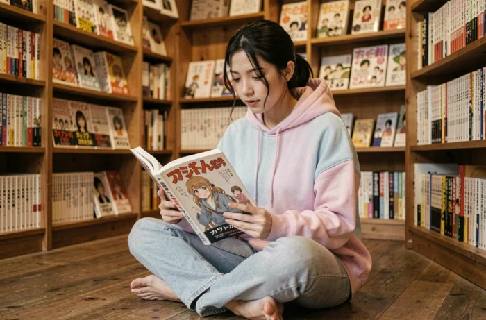 Jeune femme lisant un manga dans une librairie spécialisée, entourée de rayonnages remplis de volumes de mangas et d'animes commençant par la lettre C