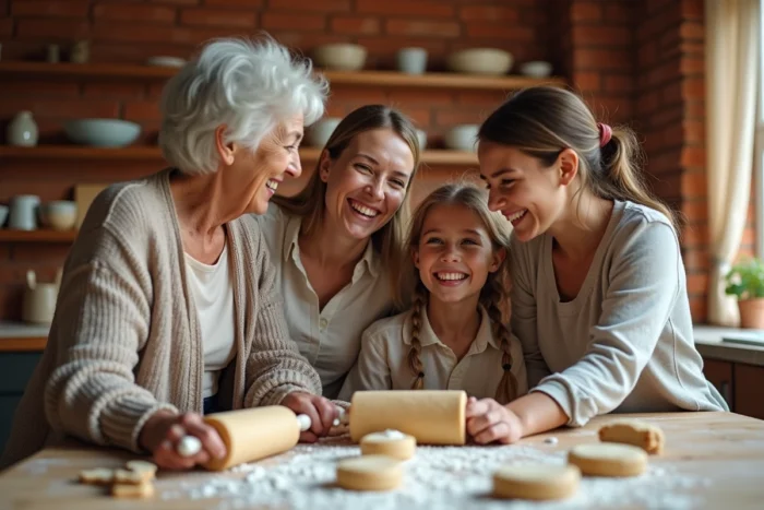 Grand-mère, mère et deux enfants préparant des biscuits ensemble dans une cuisine rustique, scène de complicité familiale multigénérationnelle