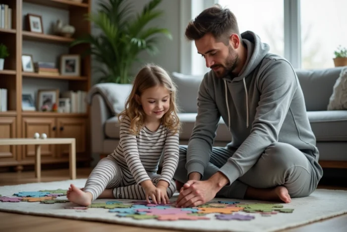 Père et fille assemblant un puzzle sur le sol du salon, moment de complicité et de jeu en famille à la maison