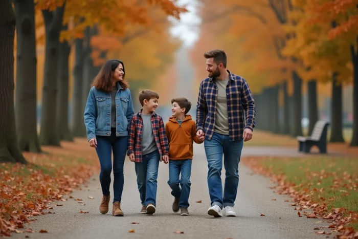 Famille de trois personnes se promenant et riant ensemble dans un parc en automne, illustrant des moments de qualité en famille en plein air