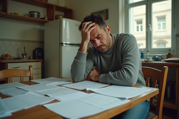 Locataire stressé examinant des documents de location non déclarée dans un appartement modeste