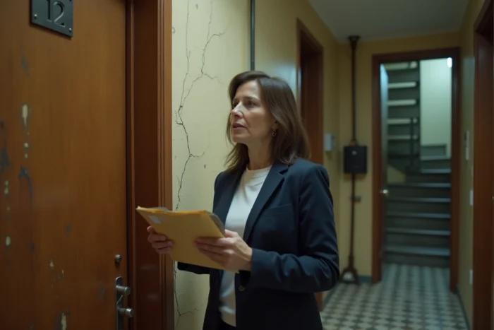 Femme locataire devant la porte d'un bailleur tenant des documents juridiques dans un immeuble ancien