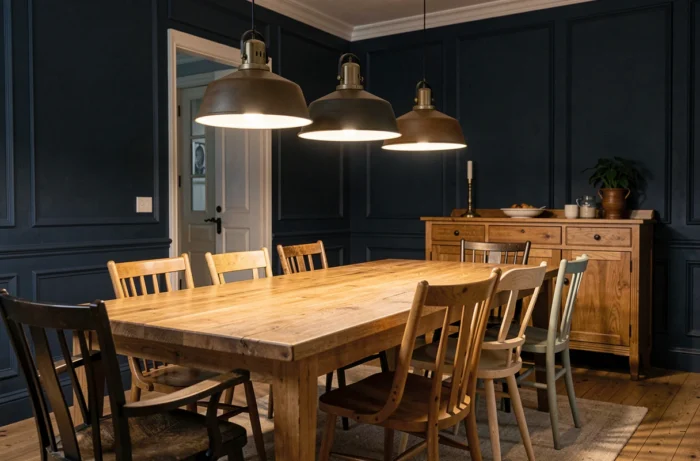 Salle à manger avec trois luminaires suspendus bas au-dessus d'une table en chêne, murs bleu nuit et chaises dépareillées créant une ambiance intime