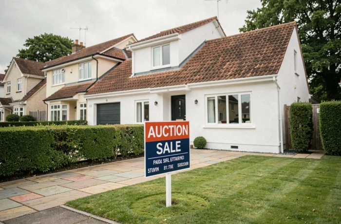 Maison individuelle avec panneau de vente aux enchères immobilières dans le jardin