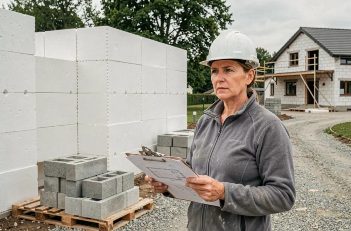 Cheffe de projet devant une maison en construction avec coffrage isolant en polystyrène et parpaings comparés sur le chantier