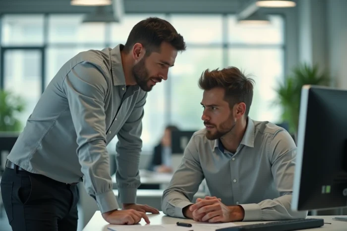 Un homme en posture dominante face à un collègue dans un bureau moderne, illustrant la manipulation masquée sous une apparence d'aide professionnelle
