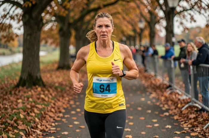 Coureuse de marathon portant un dossard jaune sur un chemin d'automne au bord d'une rivière en Essex
