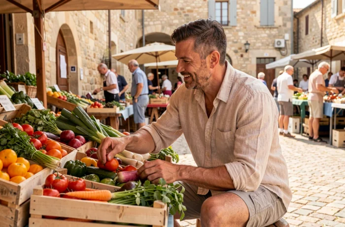 Homme sélectionnant des légumes frais sur un marché provençal en plein air sur la Côte d'Azur