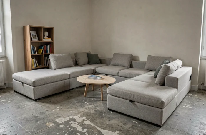 Salon avec canapé modulable réversible reconfiguré, un module transformé en méridienne et l'autre orienté différemment dans un appartement compact