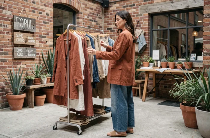 Femme portant une veste en lin biologique terracotta et un jean recyclé large lors d'un marché de mode durable en plein air