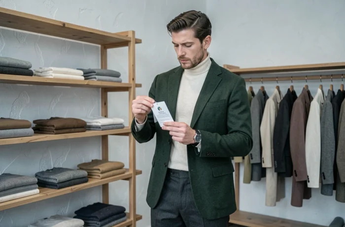 Homme en veste en laine deadstock vert forêt lisant une étiquette de traçabilité dans une boutique de mode éthique minimaliste