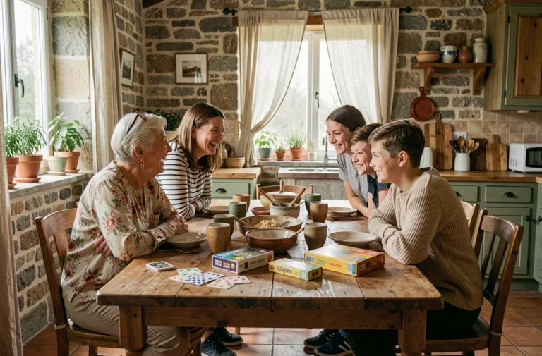 Grand-mère, mère et deux adolescents riant ensemble autour d'une table rustique lors d'un moment convivial en famille à la campagne