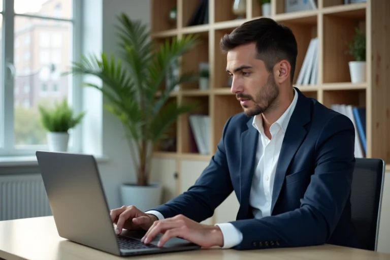 Homme consultant des données financières sur Finary dans un bureau moderne, représentant la gestion de patrimoine et les revenus en ligne