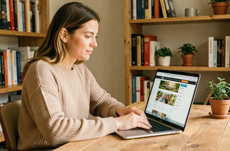 Femme parcourant le plan du site Nos Enfants d'Abord sur un ordinateur portable dans un bureau à domicile chaleureux