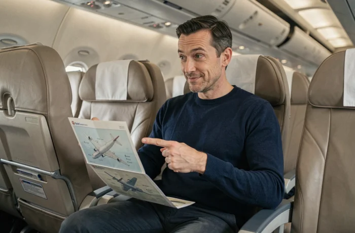 Passager masculin dans un avion examinant un plan de sièges avec l'absence remarquée du siège B dans une rangée