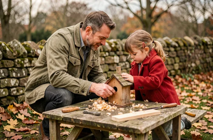 Père et sa jeune fille construisant ensemble un nichoir en bois dans un jardin d'automne, partageant un moment complice et créatif