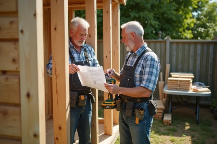Père et fils assemblant un abri de jardin en bois dans le jardin avec une perceuse sans fil et des planches de bois