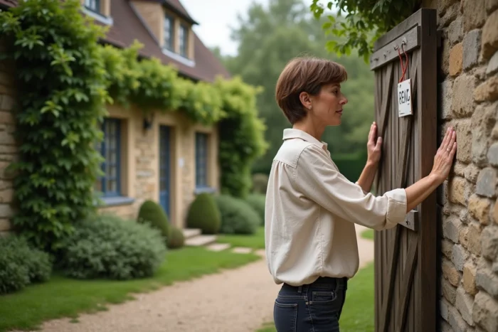 Femme devant le portail d'une petite maison avec jardin à louer en Seine-Maritime
