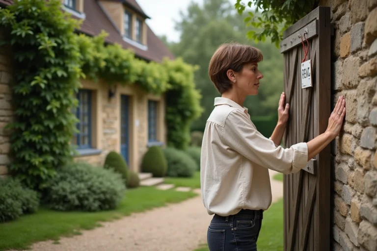 Femme devant le portail d'une petite maison avec jardin à louer en Seine-Maritime