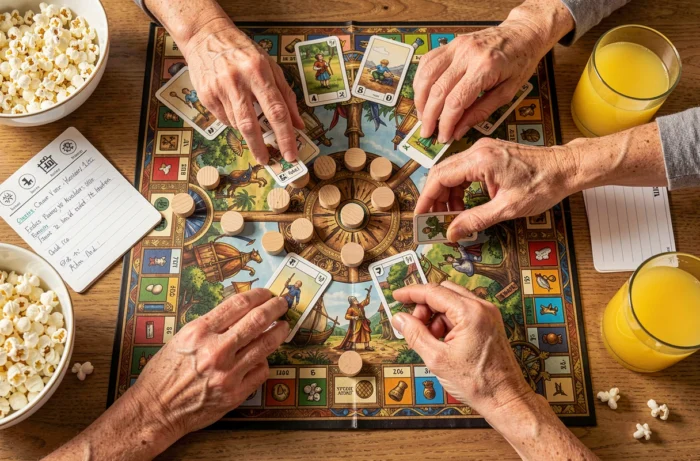 Vue aérienne d'un jeu de société en cours avec des mains de différents âges autour du plateau et des accessoires de jeu