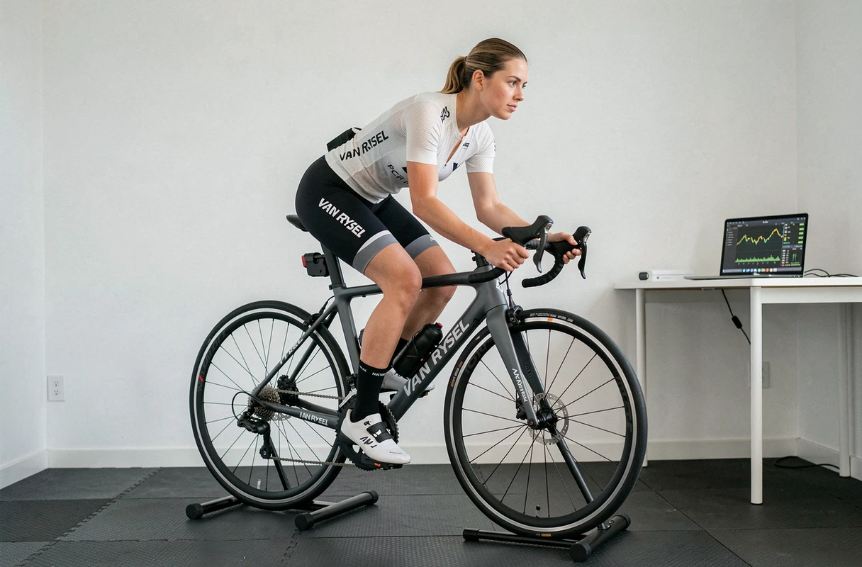 Cycliste en position sur home-trainer réglant sa posture sur le Van Rysel RCR Pro pour optimiser ses performances