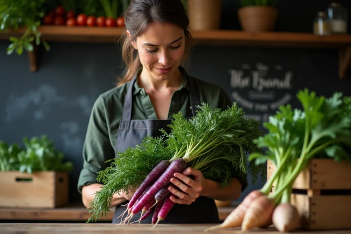 Cheffe cuisinière tenant des légumes anciens issus d'un producteur local, soulignant le travail sur le produit et sa provenance