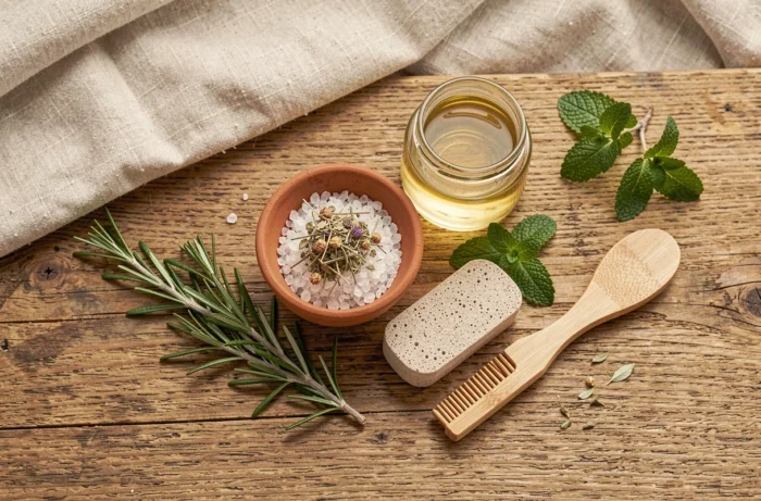 Assortiment de produits naturels pour le soin des pieds — sel de mer, huile de coco, pierre ponce et herbes aromatiques sur bois brut