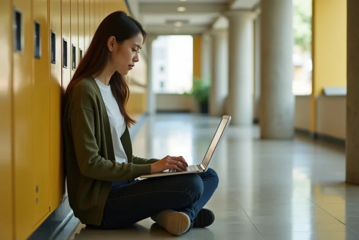 Jeune professeure stagiaire se connectant à la messagerie académique Aix-Marseille depuis un couloir d'établissement scolaire