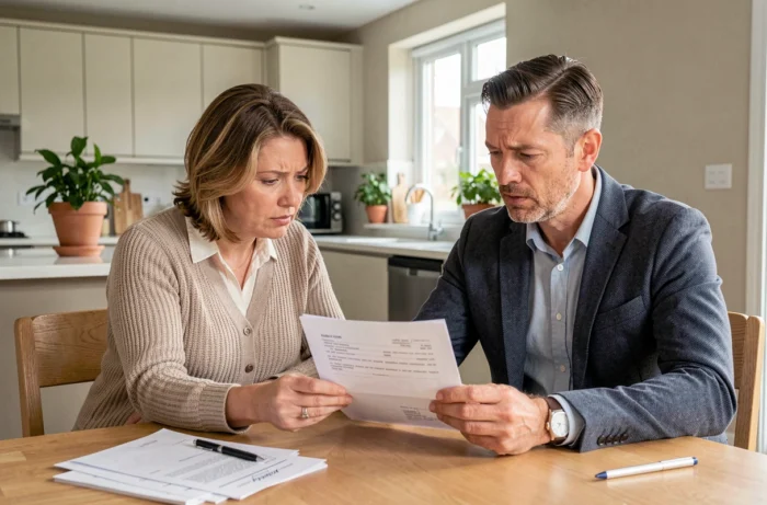 Couple de propriétaires examinant un contrat de mise en vente aux enchères de leur maison