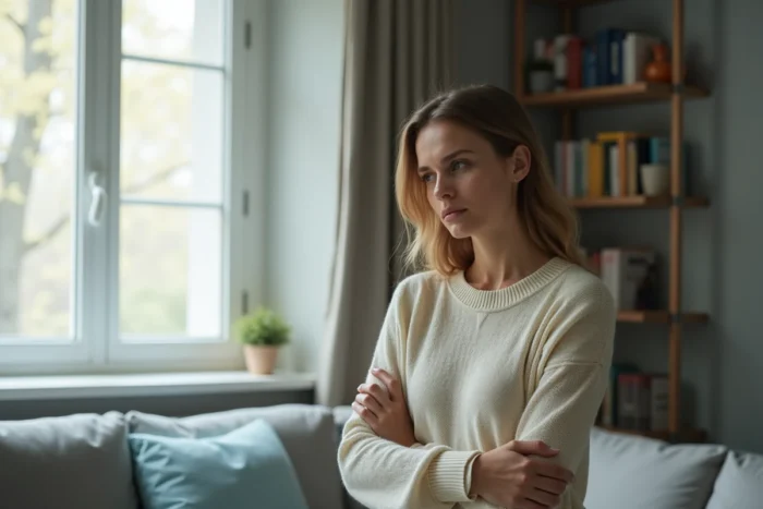 Une femme seule dans un appartement, bras croisés et regard pensif, symbolisant la prise de conscience et la protection face aux personnes manipulatrices