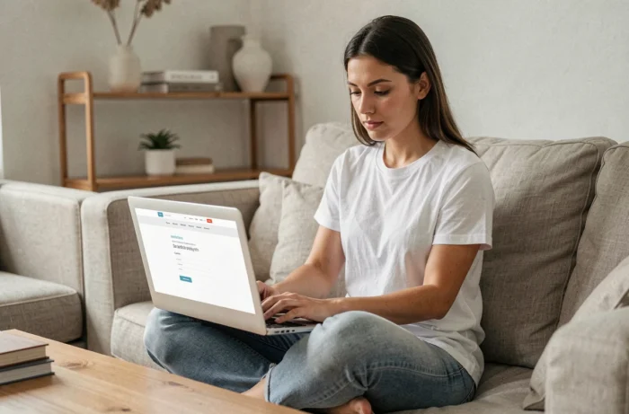 Jeune femme recherchant un centre de bien-être en ligne depuis son salon pour obtenir des informations personnalisées