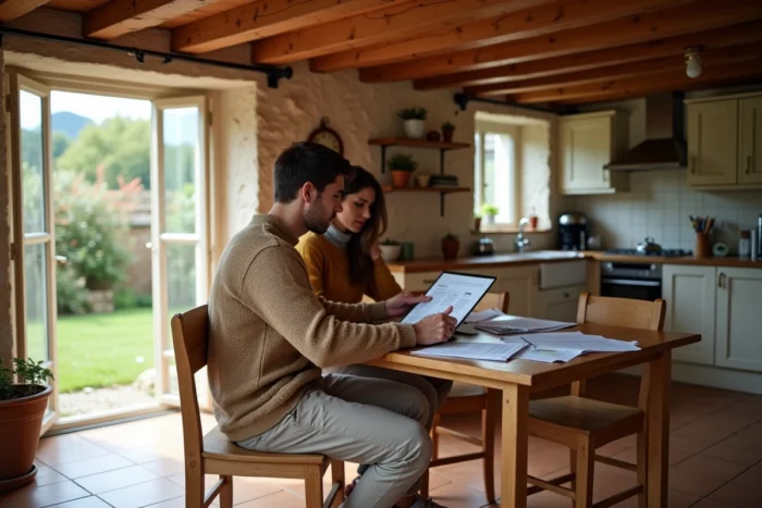 Couple cherchant une maison avec jardin à louer entre particuliers en Normandie sur ordinateur