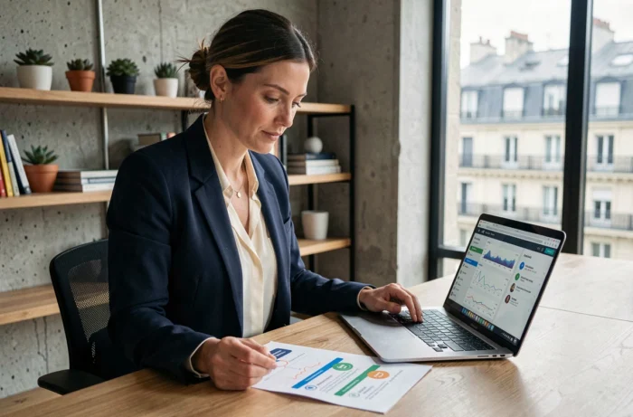 Femme en reconversion professionnelle travaillant sur un plan de transition digitale dans un espace de coworking parisien