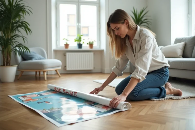 Femme déroulant une affiche publicitaire JCDecaux récupérée sur le parquet de son appartement