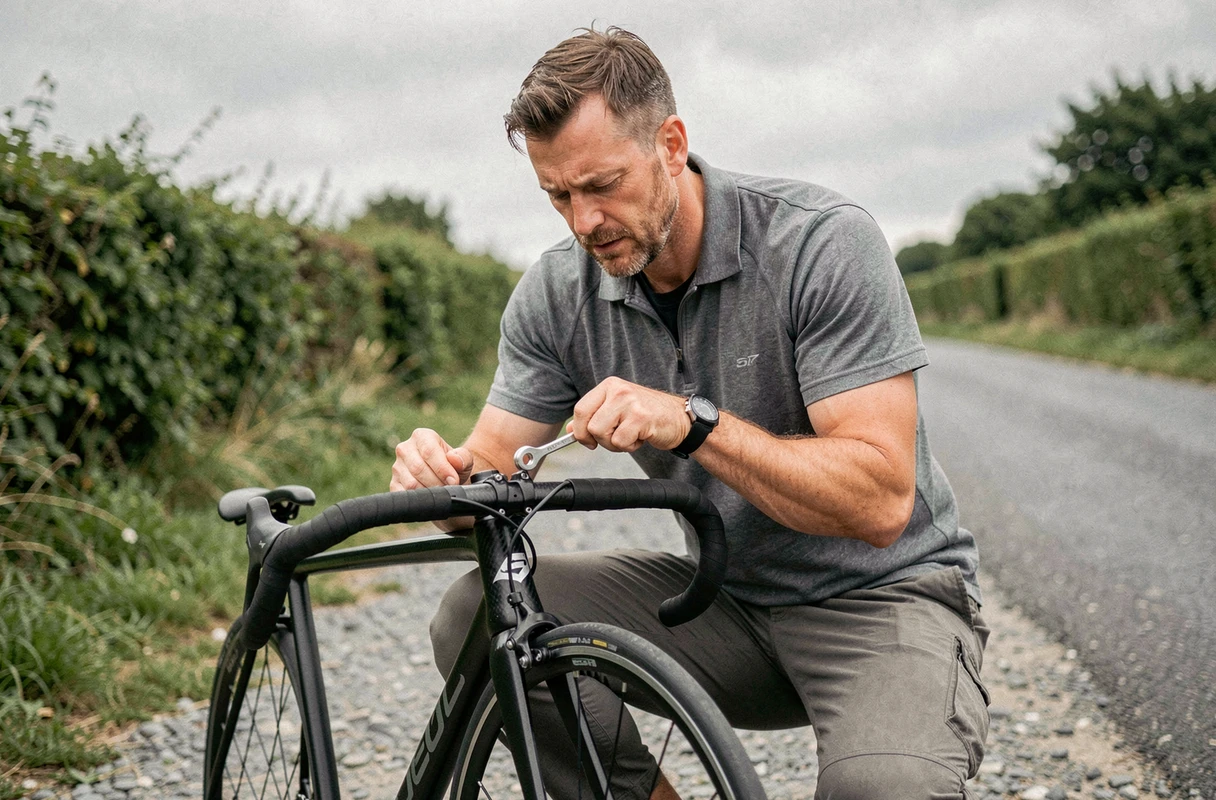 Coach cyclisme réglant le cintre et la potence d'un vélo Van Rysel RCR Pro sur une route de campagne