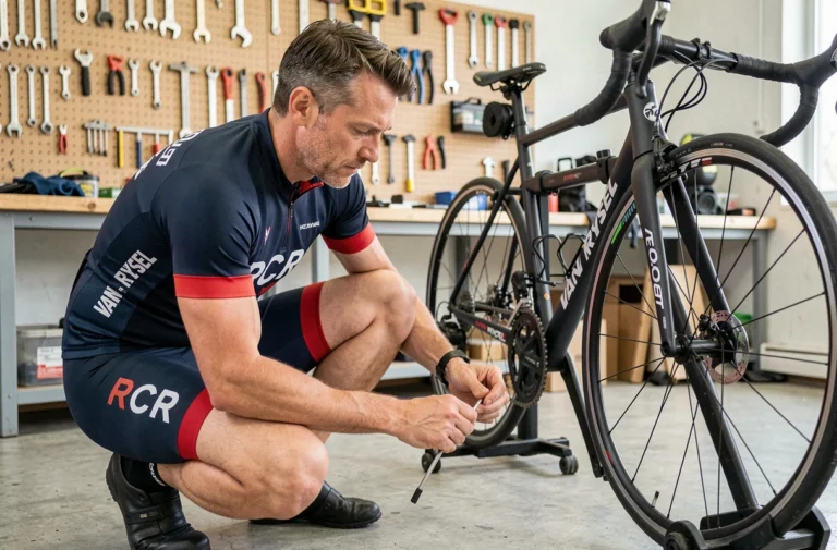 Cycliste ajustant la hauteur de selle de son Van Rysel RCR Pro dans un atelier de vélo