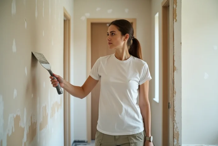 Femme appliquant de l'enduit sur un mur intérieur lors de travaux de rénovation dans un appartement