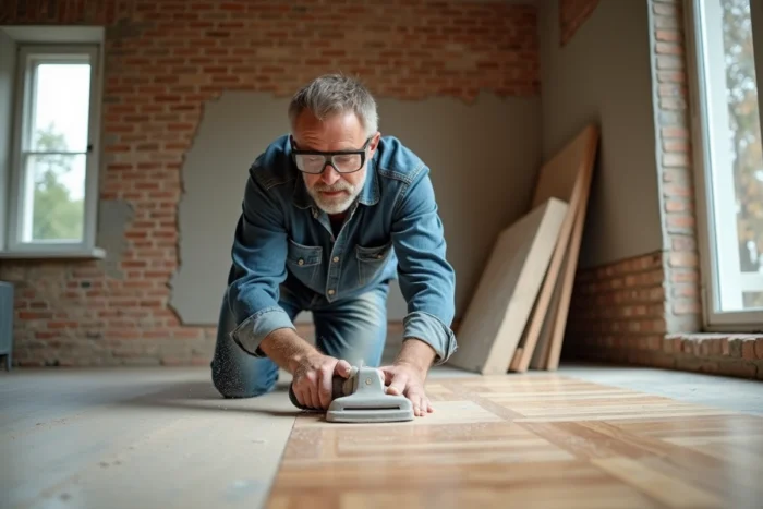 Homme en train de poncer un parquet en bois dans un salon en cours de rénovation, avec des matériaux de chantier visibles en arrière-plan
