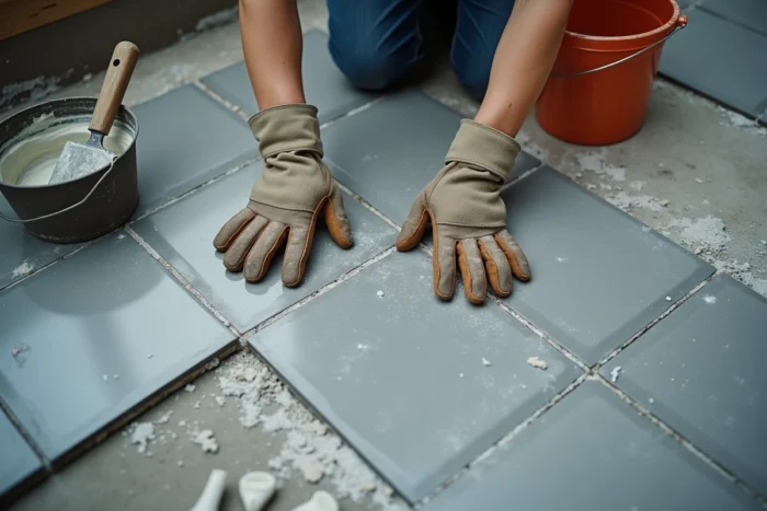 Gros plan de mains gantées posant des carreaux de céramique gris sur un sol de salle de bain en rénovation