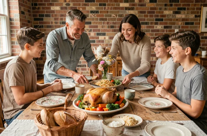 Famille réunie autour d'un repas de poulet rôti aux légumes sur une table en bois rustique