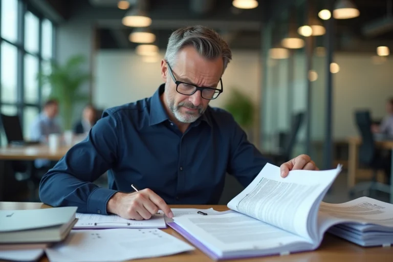 Responsable RH examinant des documents de prévoyance liés à une maladie professionnelle dans un bureau d'entreprise