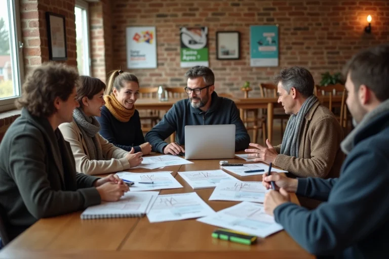 Groupe d'adultes réunis autour d'une table en bois pour organiser un comité des fêtes dans une salle communautaire