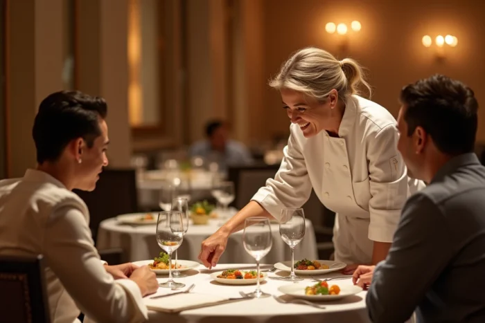 Une cheffe cuisinière expliquant une préparation culinaire à des convives attentifs dans un restaurant gastronomique