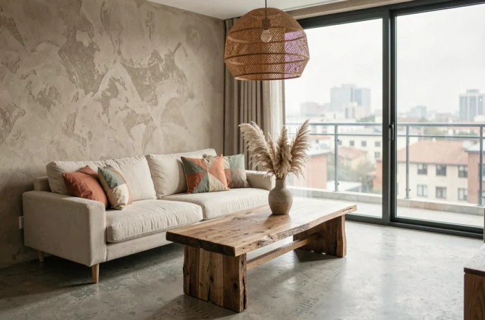Salon moderne minimaliste avec canapé en lin crème, table basse en chêne et mur en plâtre texturé aux tons greige, décoré de plantes séchées et coussins géométriques